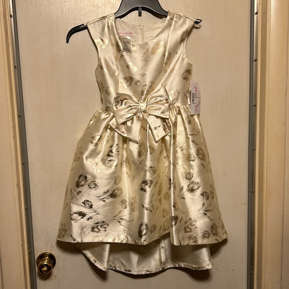 NWT Bonnie Jean Girls Ivory Party Dress w/ Gold Foiled Floral Print.